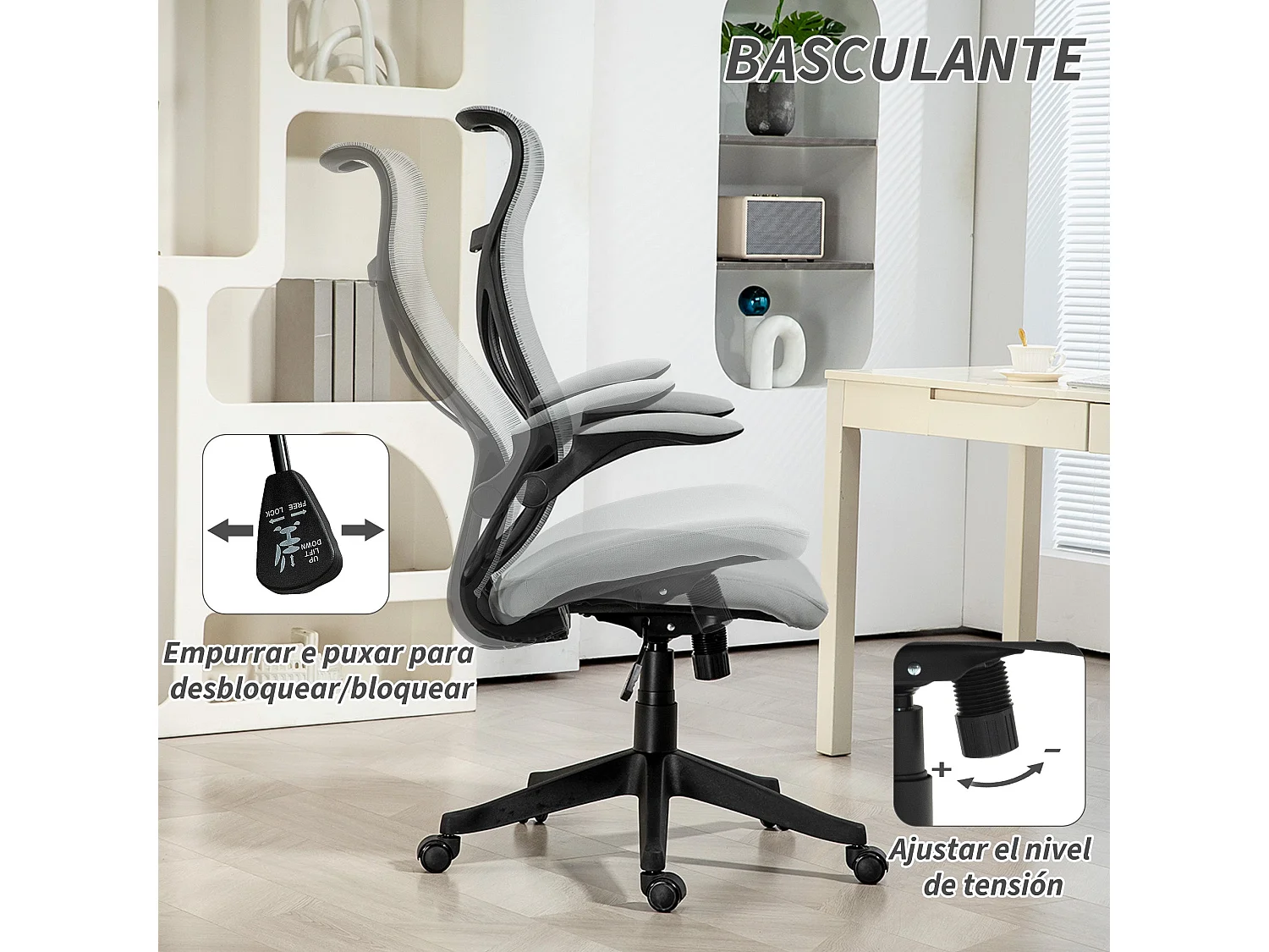 Cadeira de Escritório Giratória com Ajuste de Altura e Braços Dobráveis - Modelo Grenoble, Cinza, Carga 120 kg