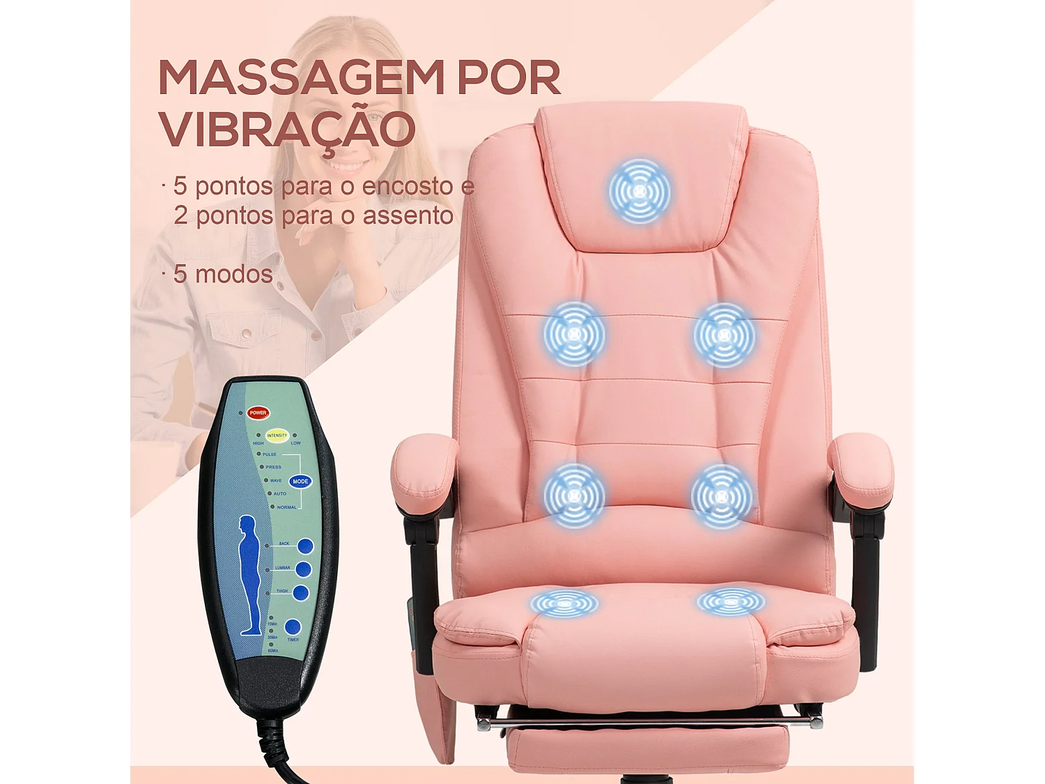 Silla de oficina Lady Vinsetto 7 puntos de masaje rosa 111-121x67x79 cm