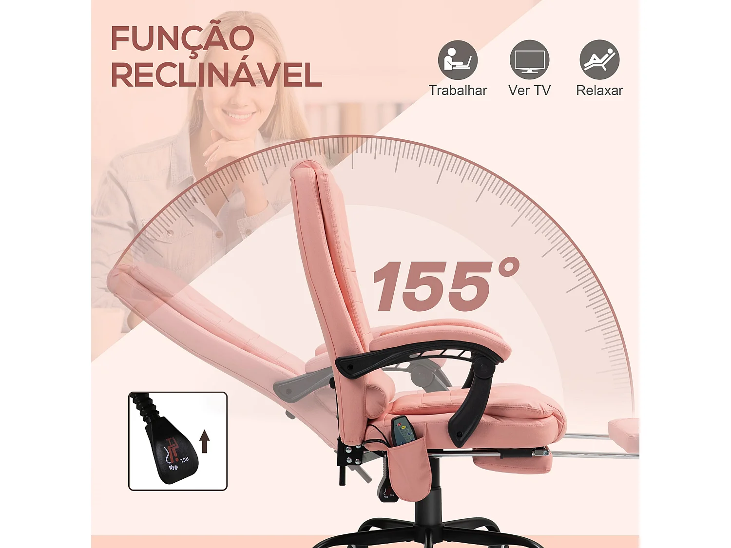 Silla de oficina Lady Vinsetto 7 puntos de masaje rosa 111-121x67x79 cm