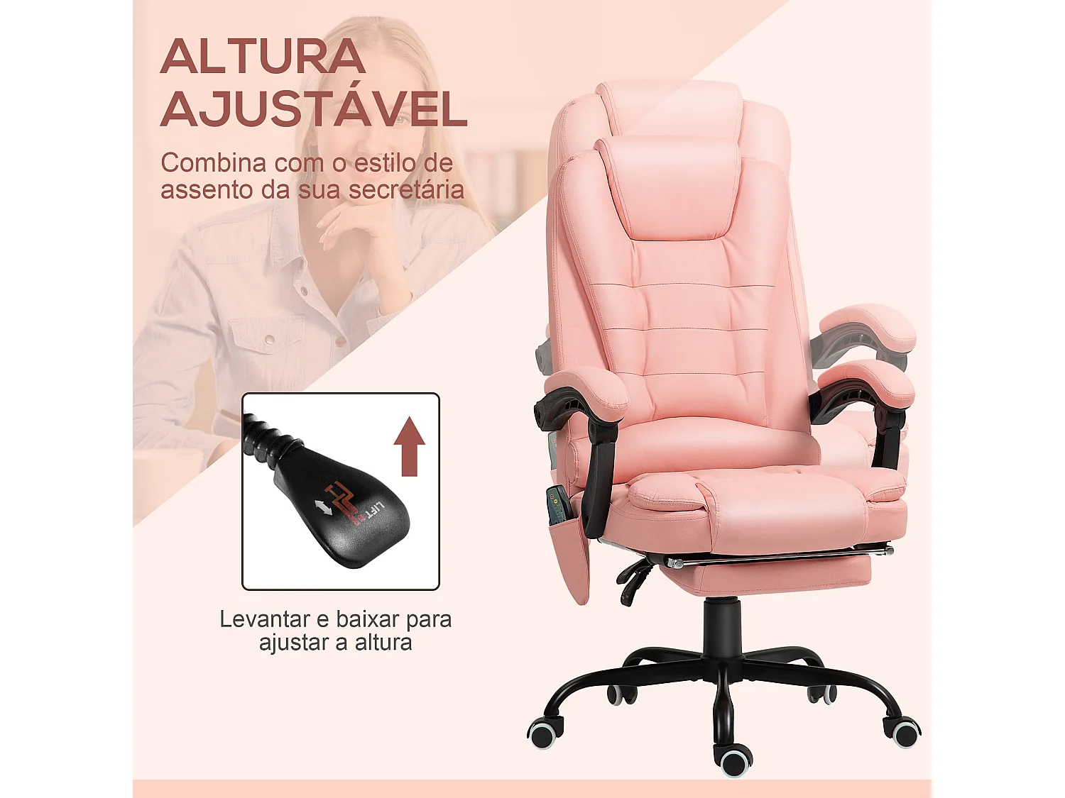Silla de oficina Lady Vinsetto 7 puntos de masaje rosa 111-121x67x79 cm