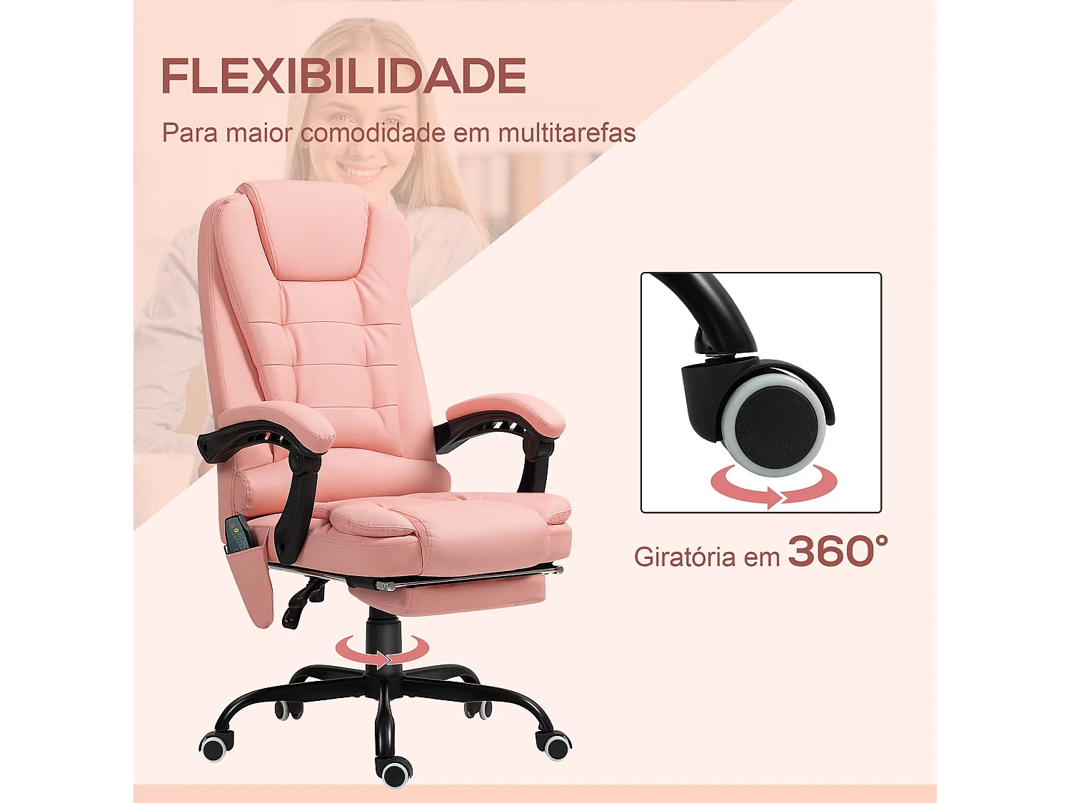 Silla de oficina Lady Vinsetto 7 puntos de masaje rosa 111-121x67x79 cm