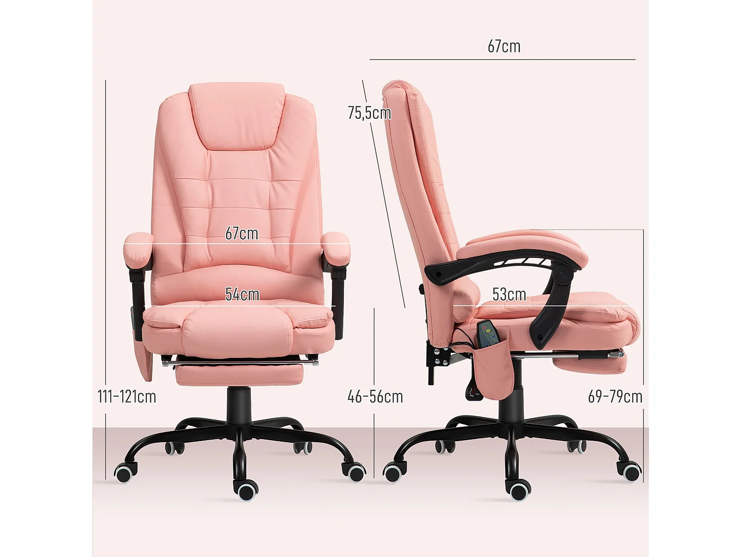 Cadeira de Massagem Vinsetto com 7 Pontos e Controle Remoto, Reclinável e Ajustável em Rosa