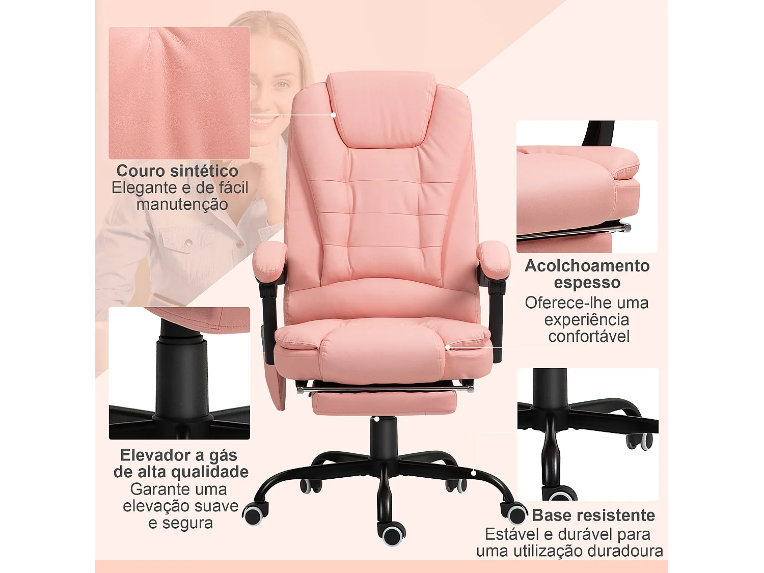 Cadeira de Massagem Vinsetto com 7 Pontos e Controle Remoto, Reclinável e Ajustável em Rosa