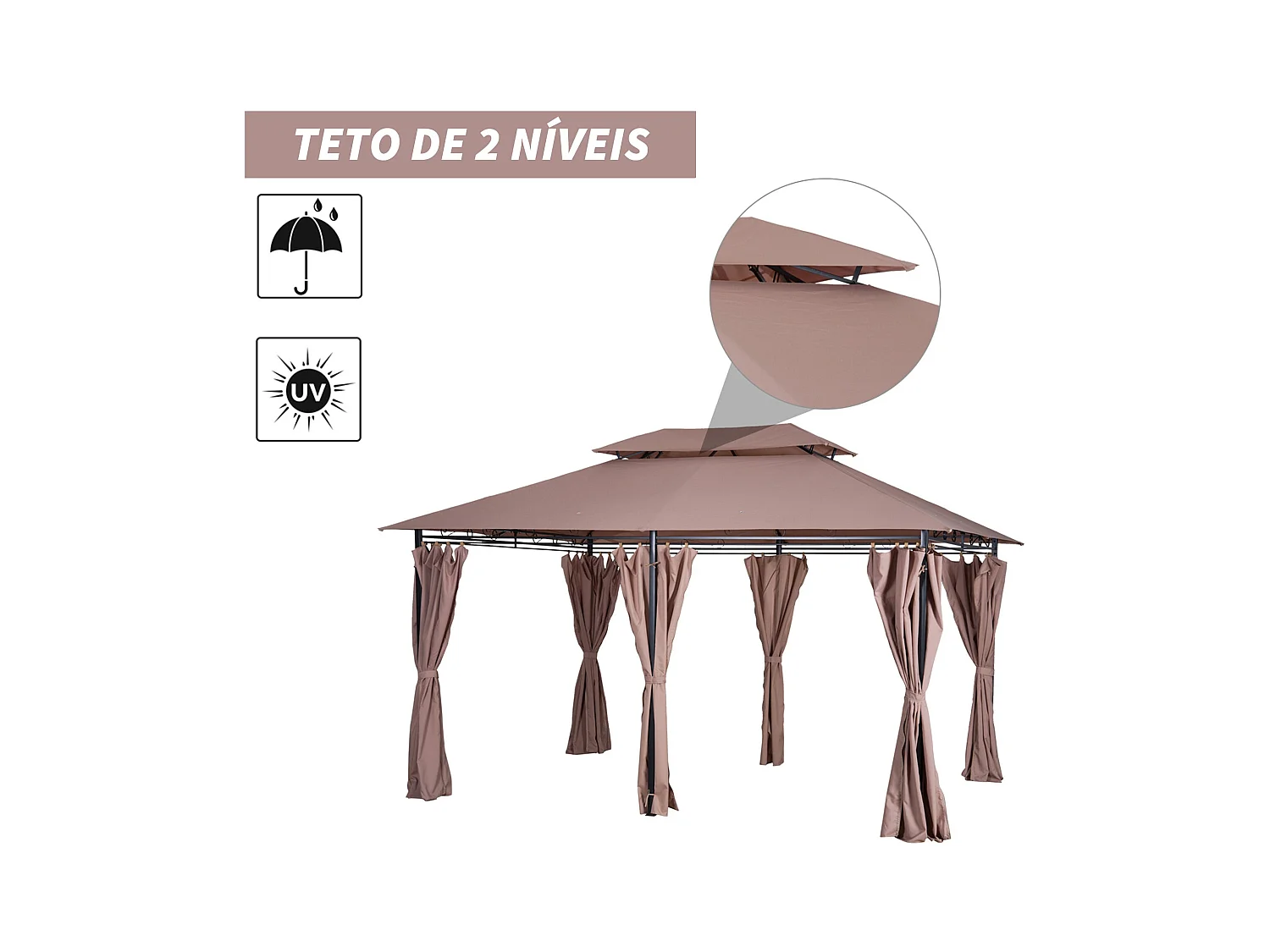 Cenador Lala Outsunny doble techo + cortinas con cremallera marrón/negro 280x400x300 cm