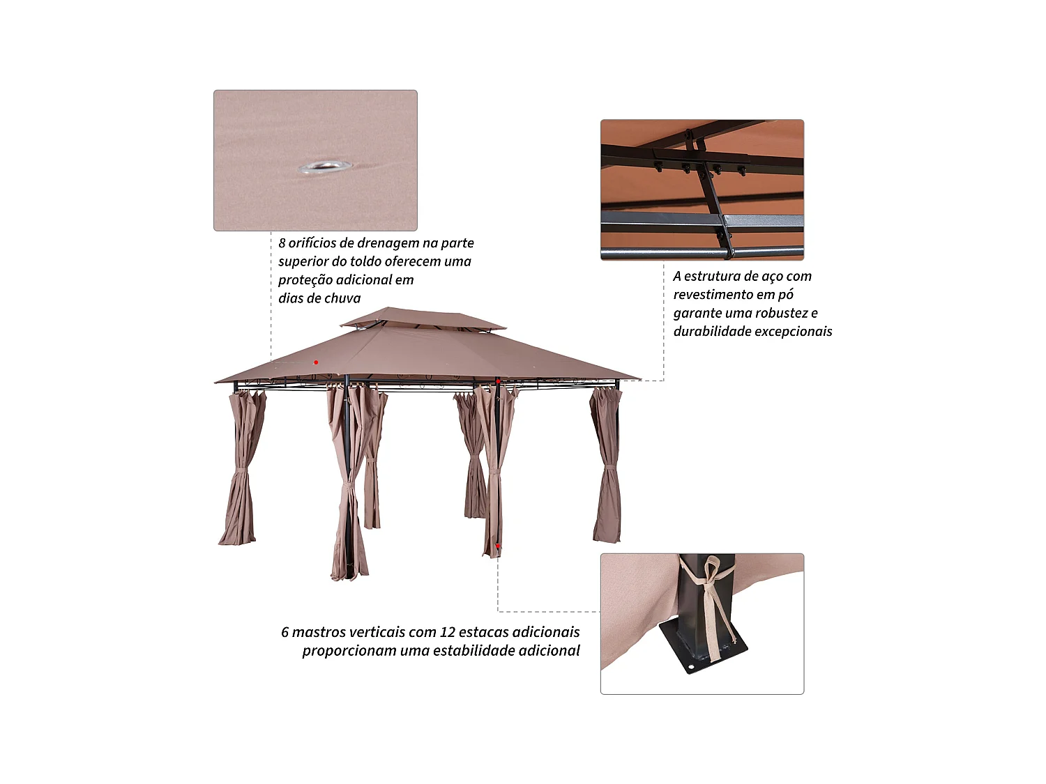 Cenador Lala Outsunny doble techo + cortinas con cremallera marrón/negro 280x400x300 cm