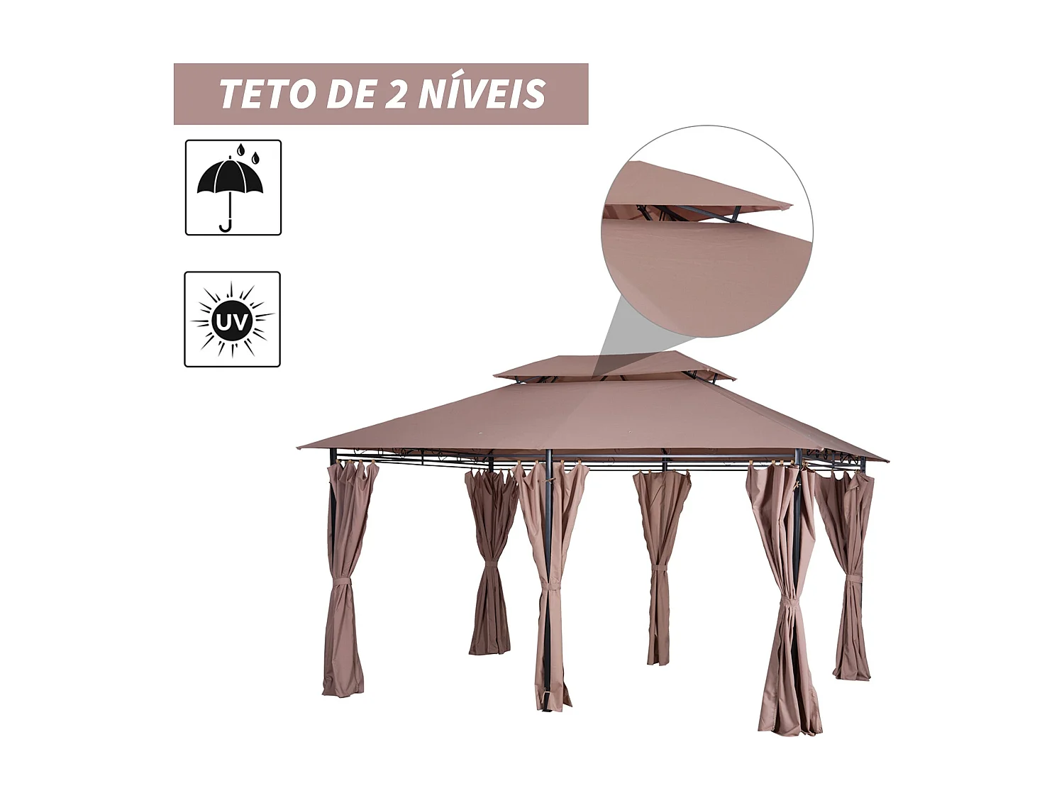 Cenador Lala Outsunny doble techo + cortinas con cremallera marrón/negro 280x400x300 cm