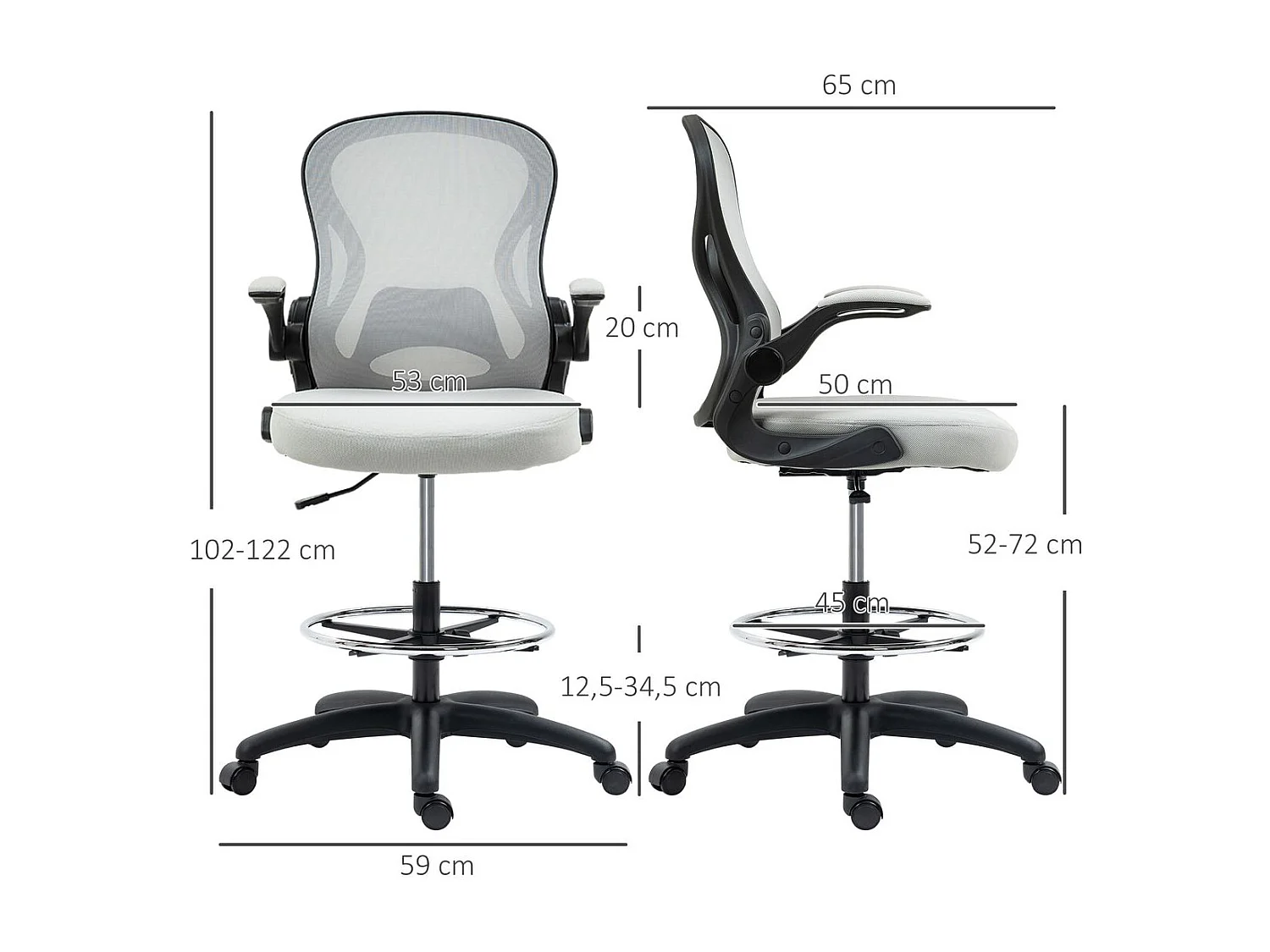 Silla de oficina Mike altura regulable + soporte lumbar + reposapiés blanco 102-122x59x65 cm