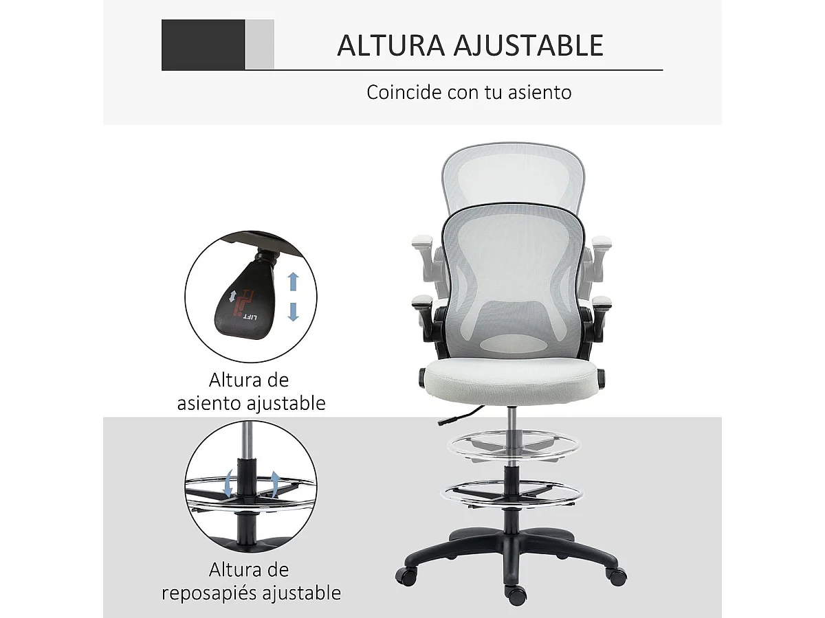 Silla de oficina Mike altura regulable + soporte lumbar + reposapiés blanco 102-122x59x65 cm