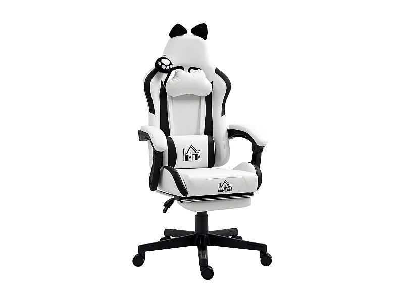 Silla gaming Cat Homcom 2 cojines + reposapiés blanco/negro 116-124x65x62 cm