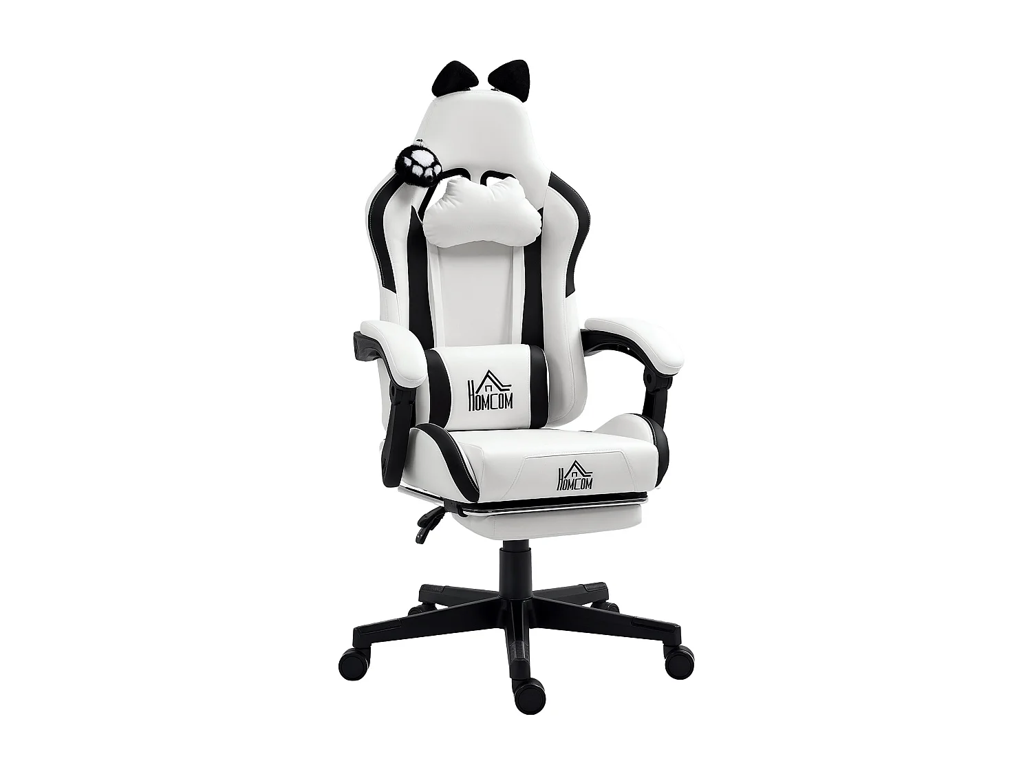 Silla gaming Cat Homcom 2 cojines + reposapiés blanco/negro 116-124x65x62 cm