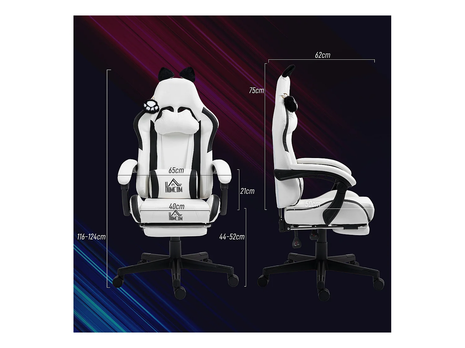 Silla gaming Cat Homcom 2 cojines + reposapiés blanco/negro 116-124x65x62 cm