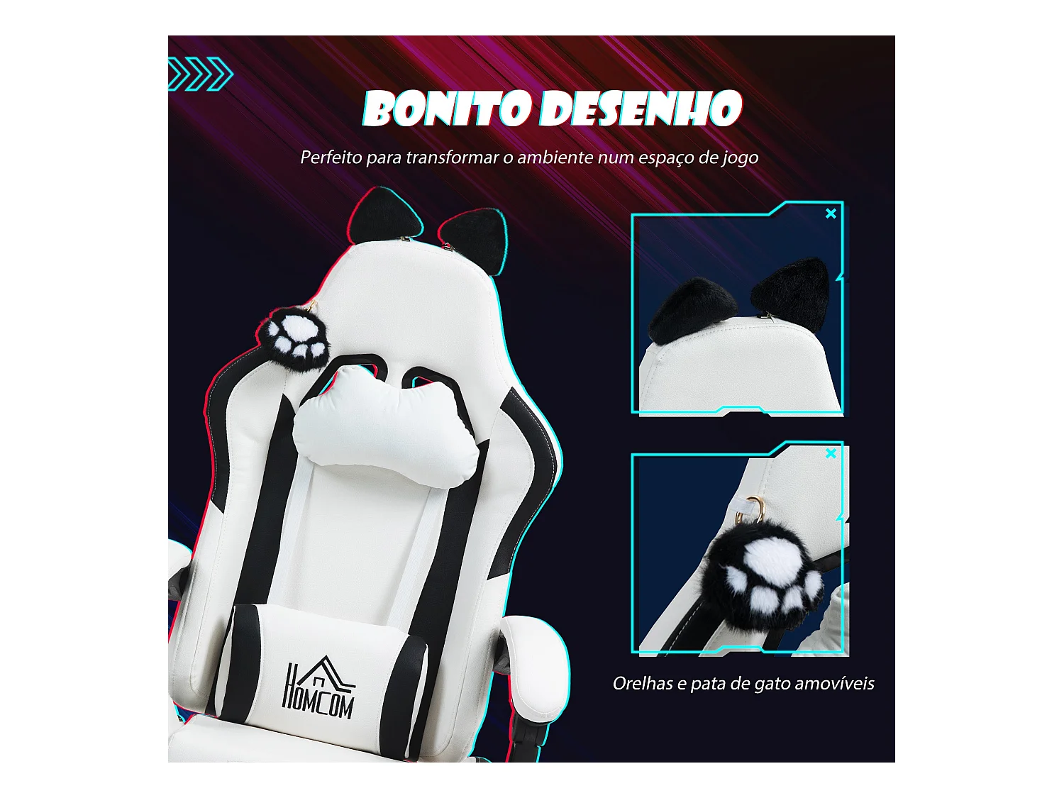 Silla gaming Cat Homcom 2 cojines + reposapiés blanco/negro 116-124x65x62 cm