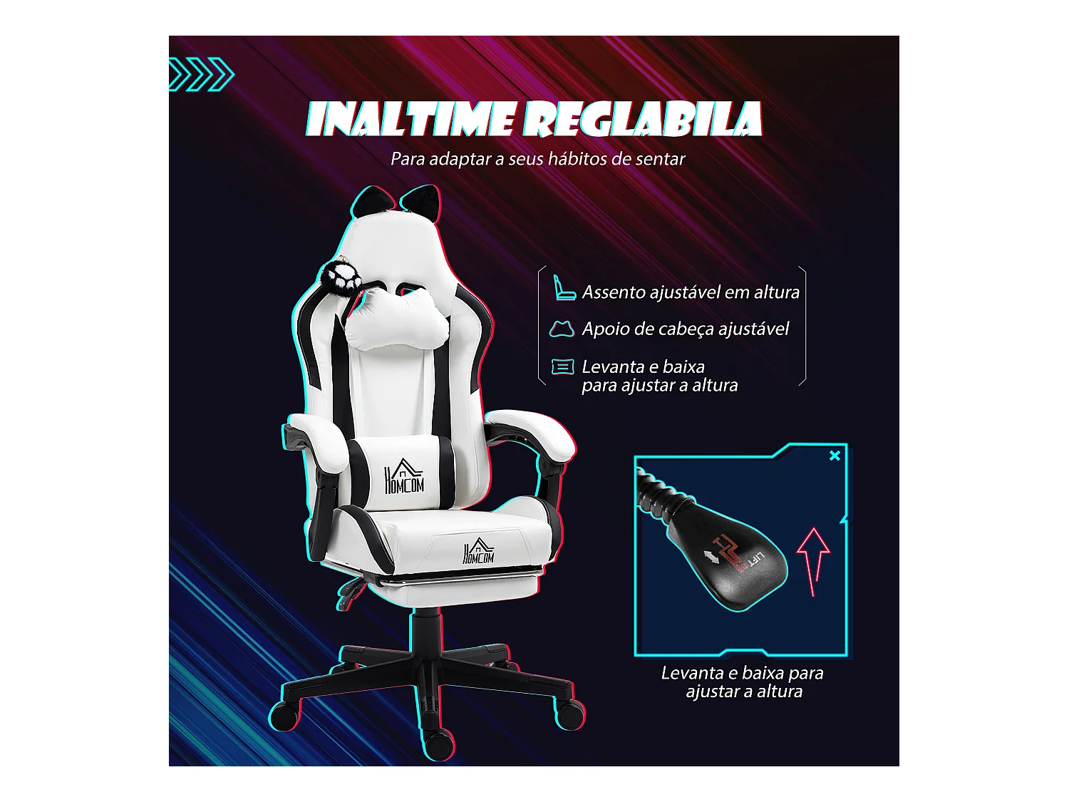 Silla gaming Cat Homcom 2 cojines + reposapiés blanco/negro 116-124x65x62 cm