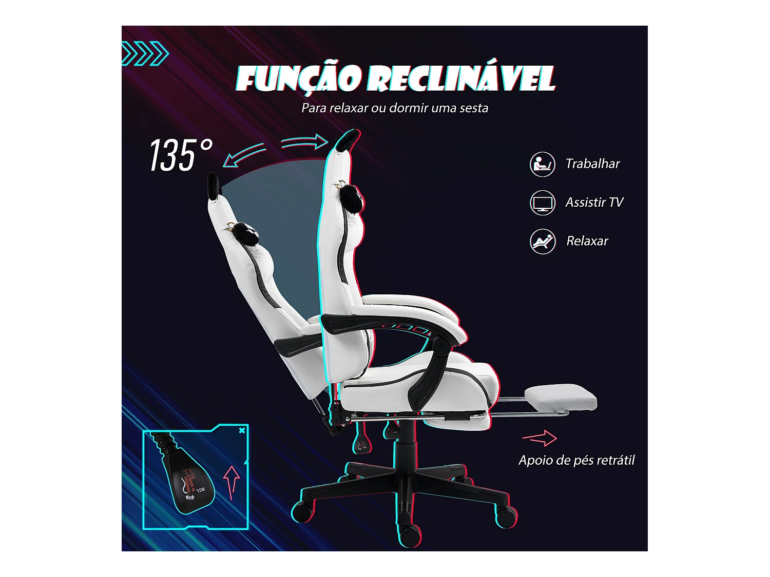 Silla gaming Cat Homcom 2 cojines + reposapiés blanco/negro 116-124x65x62 cm