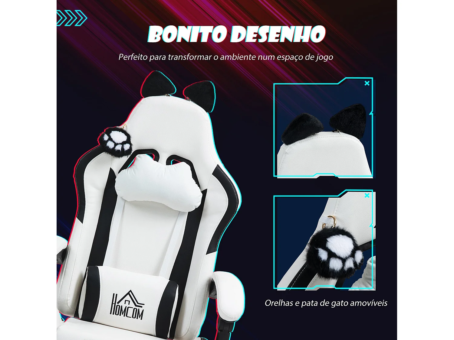 Cadeira Gamer Reclinável com Design de Gato e Ajustes Confortáveis para Escritório e Jogo