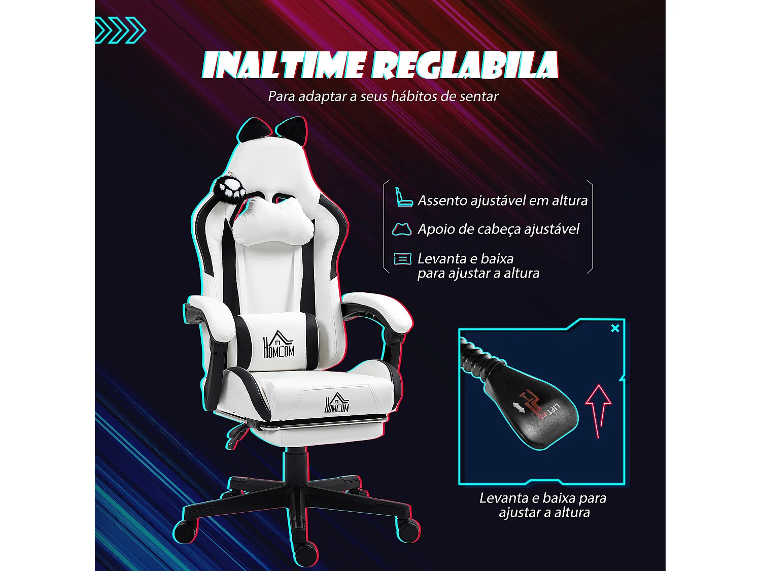 Cadeira Gamer Reclinável com Design de Gato e Ajustes Confortáveis para Escritório e Jogo