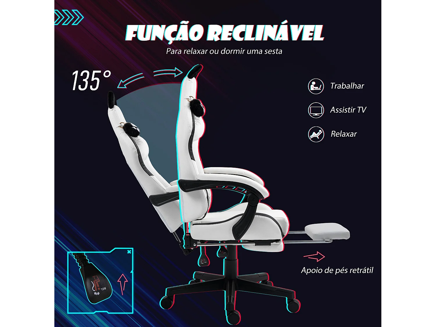 Cadeira Gamer Reclinável com Design de Gato e Ajustes Confortáveis para Escritório e Jogo