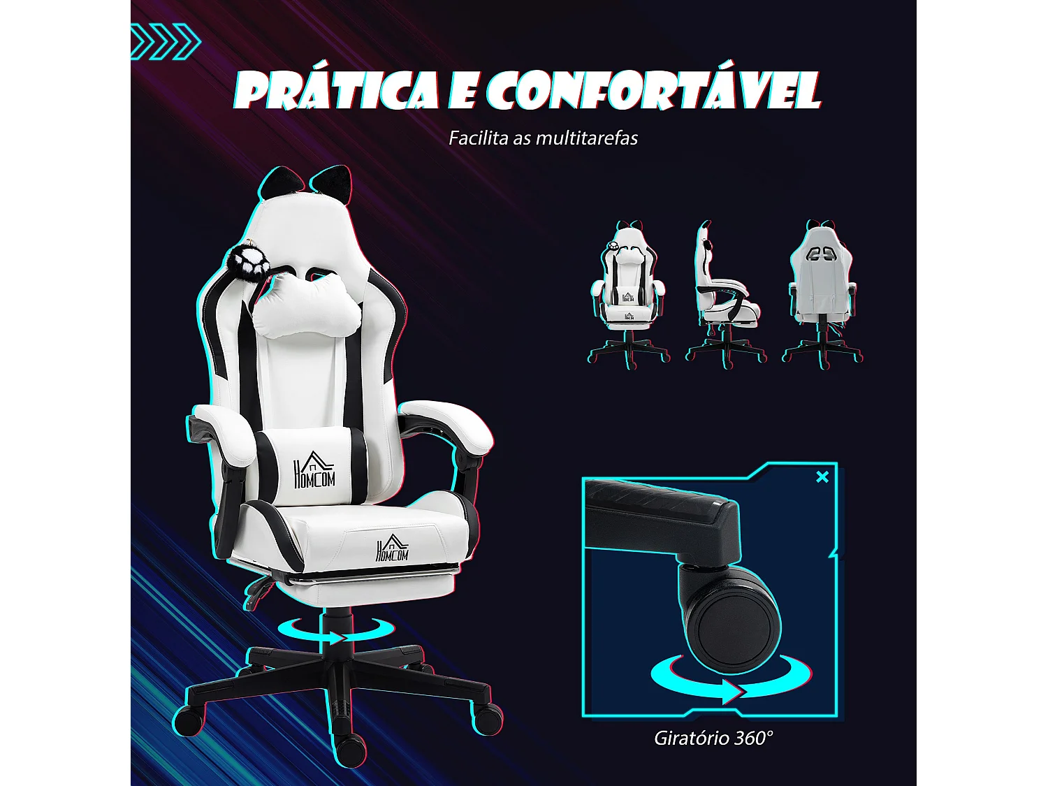 Cadeira Gamer Reclinável com Design de Gato e Ajustes Confortáveis para Escritório e Jogo