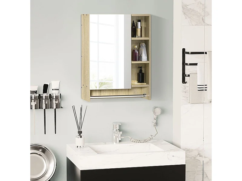 Armario de baño Enebro Kleankin con espejo, estantes y toallero natural 70x60x15 cm