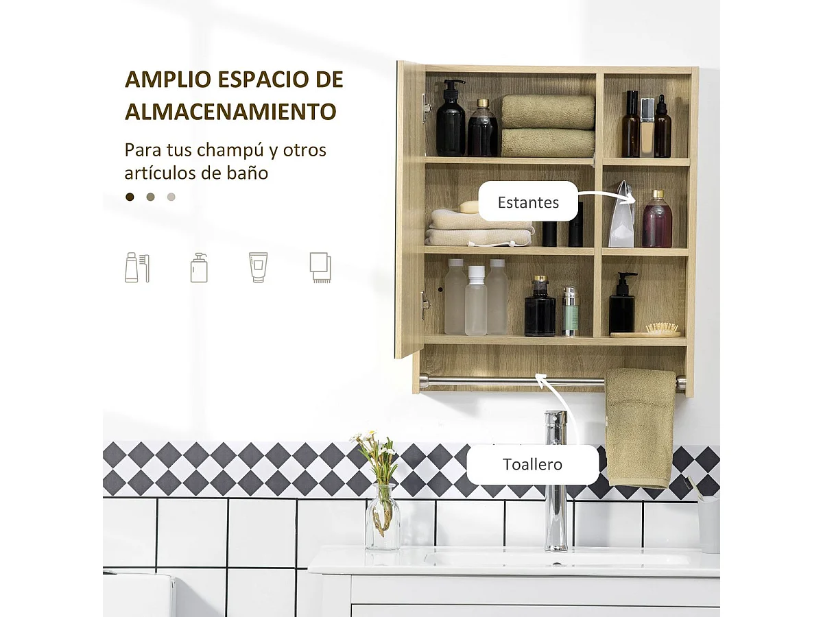 Armario de baño Enebro Kleankin con espejo, estantes y toallero natural 70x60x15 cm