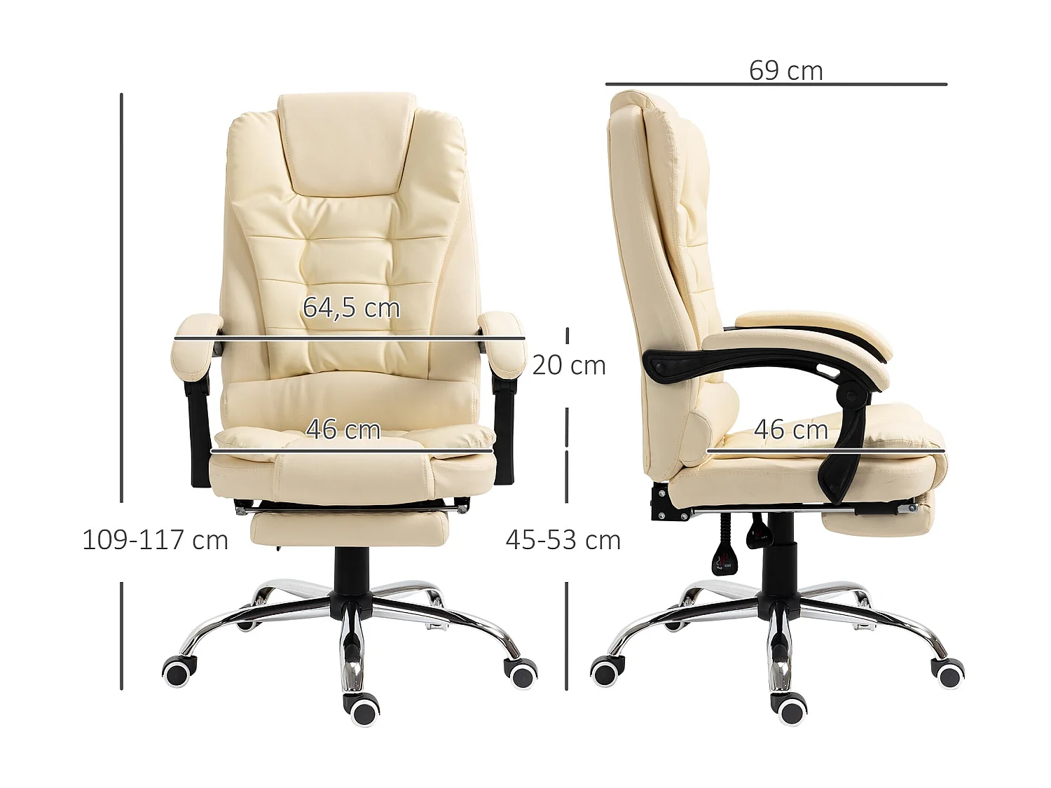 Cadeira de Escritório Reclinável com Apoio para os Pés e Altura Ajustável em Creme