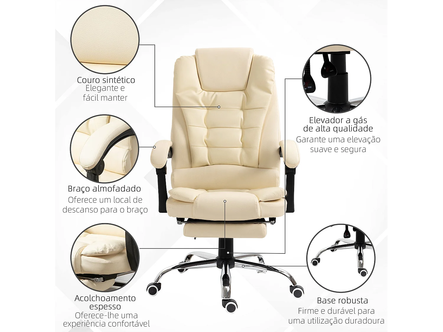 Cadeira de Escritório Reclinável com Apoio para os Pés e Altura Ajustável em Creme