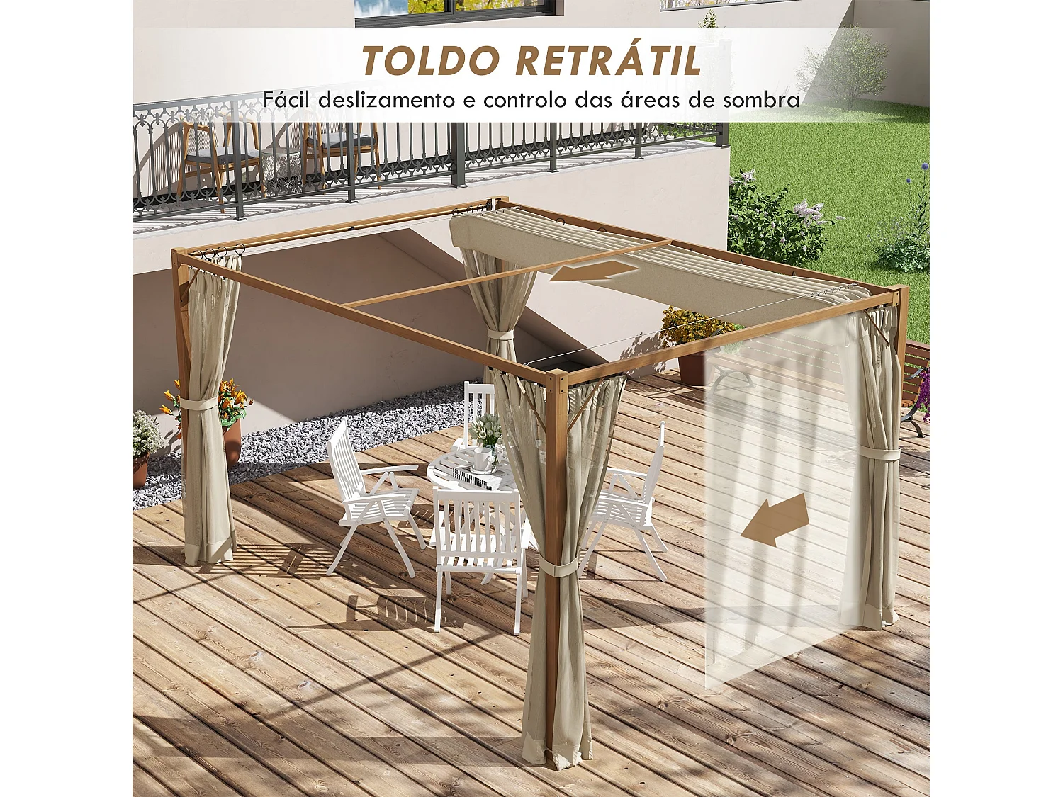 Pérgola Nancy Outsunny retráctil + mosquiteras natural 225x397x297 cm