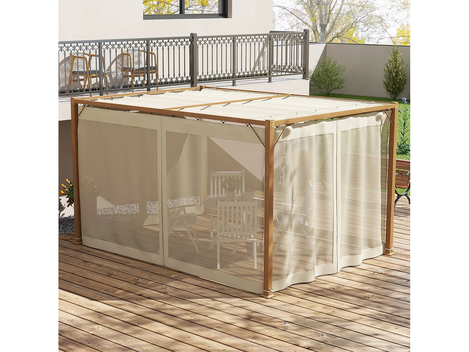 Pérgola Nancy Outsunny retráctil + mosquiteras natural 225x397x297 cm