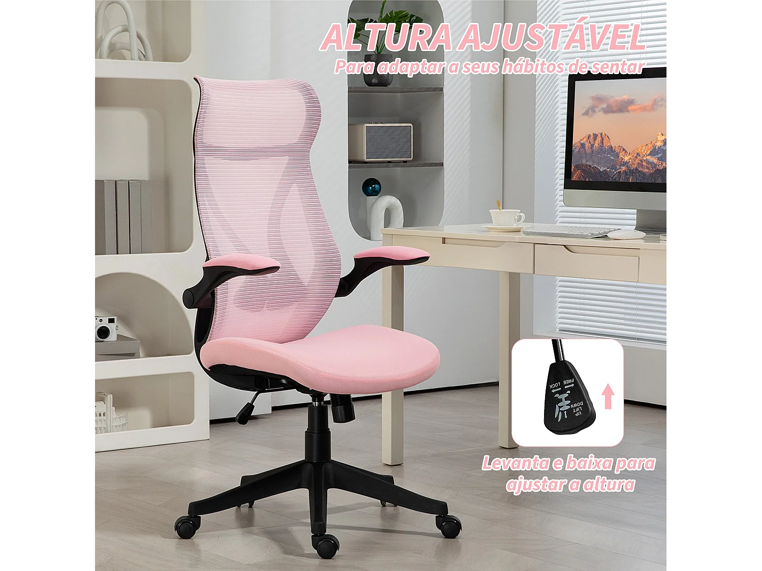 Silla de oficina Adriana Homcom ajustable basculante rosa 113-121x66x66 cm