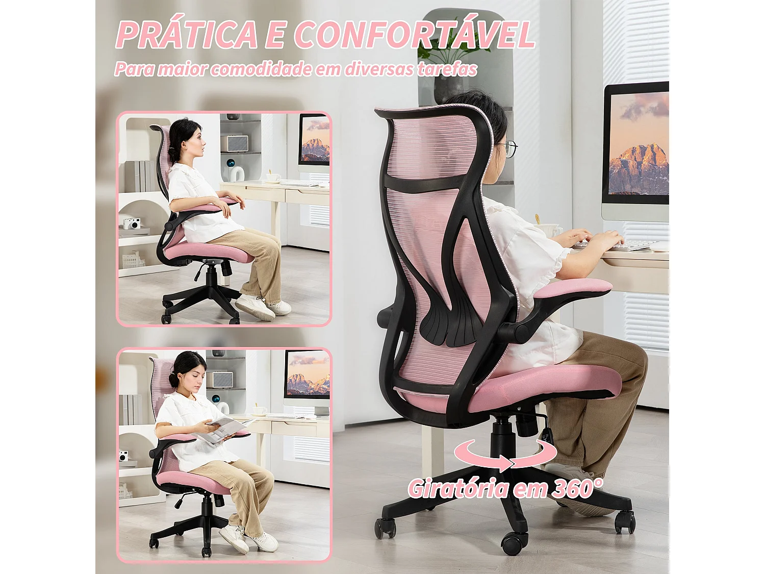 Silla de oficina Adriana Homcom ajustable basculante rosa 113-121x66x66 cm