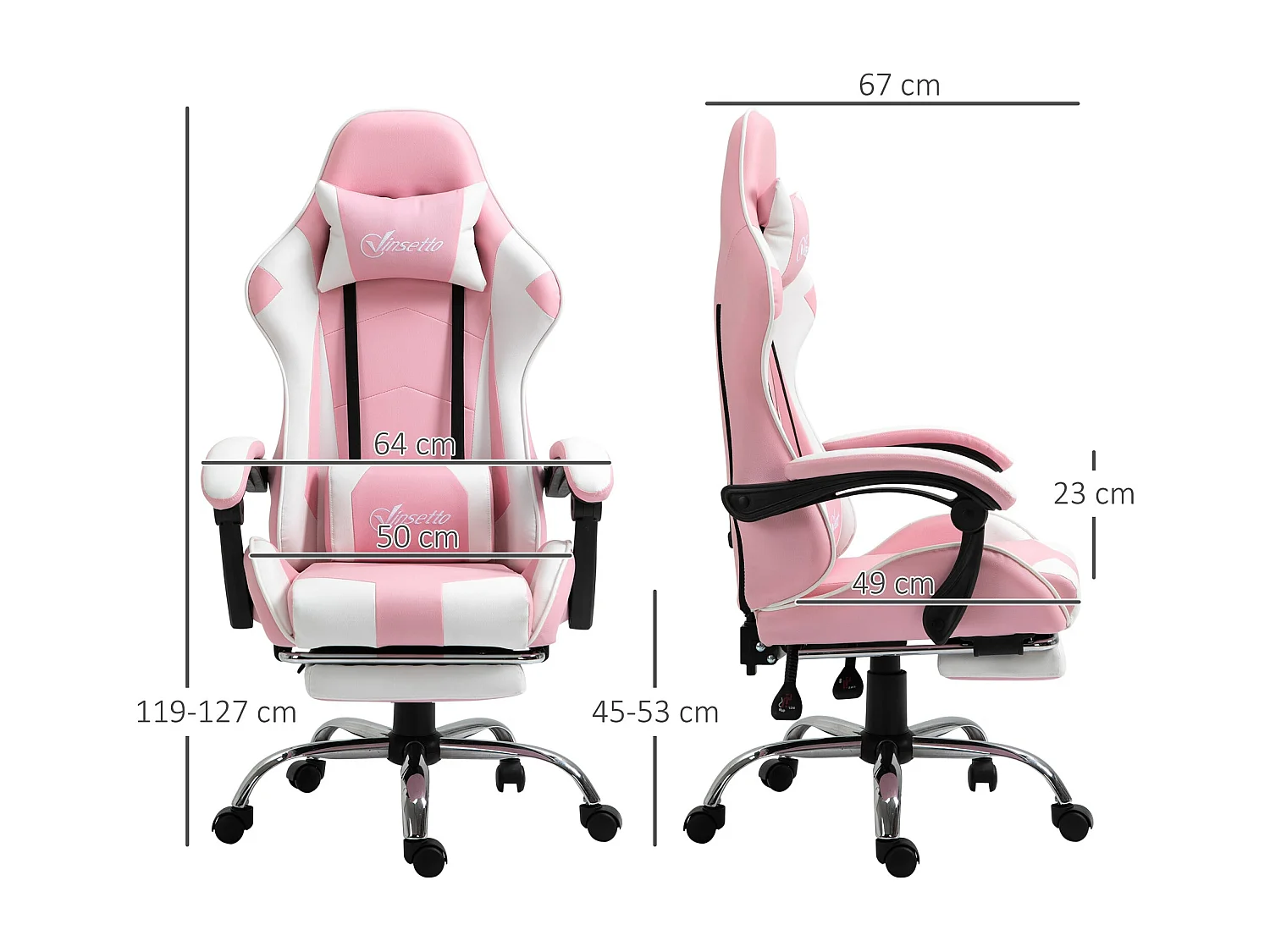 Silla gaming Candy Vinsetto cojín lumbar rosa 119-127x64x67 cm
