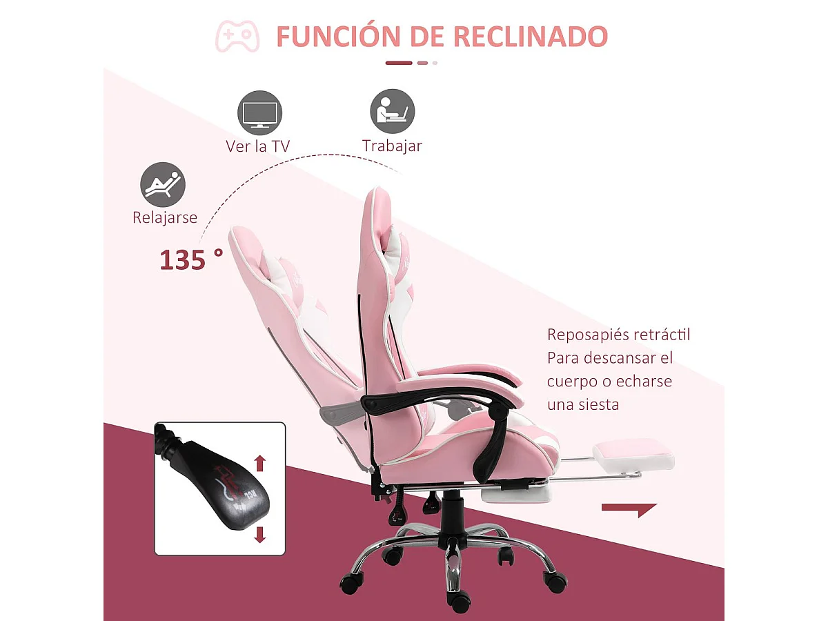 Silla gaming Candy Vinsetto cojín lumbar rosa 119-127x64x67 cm