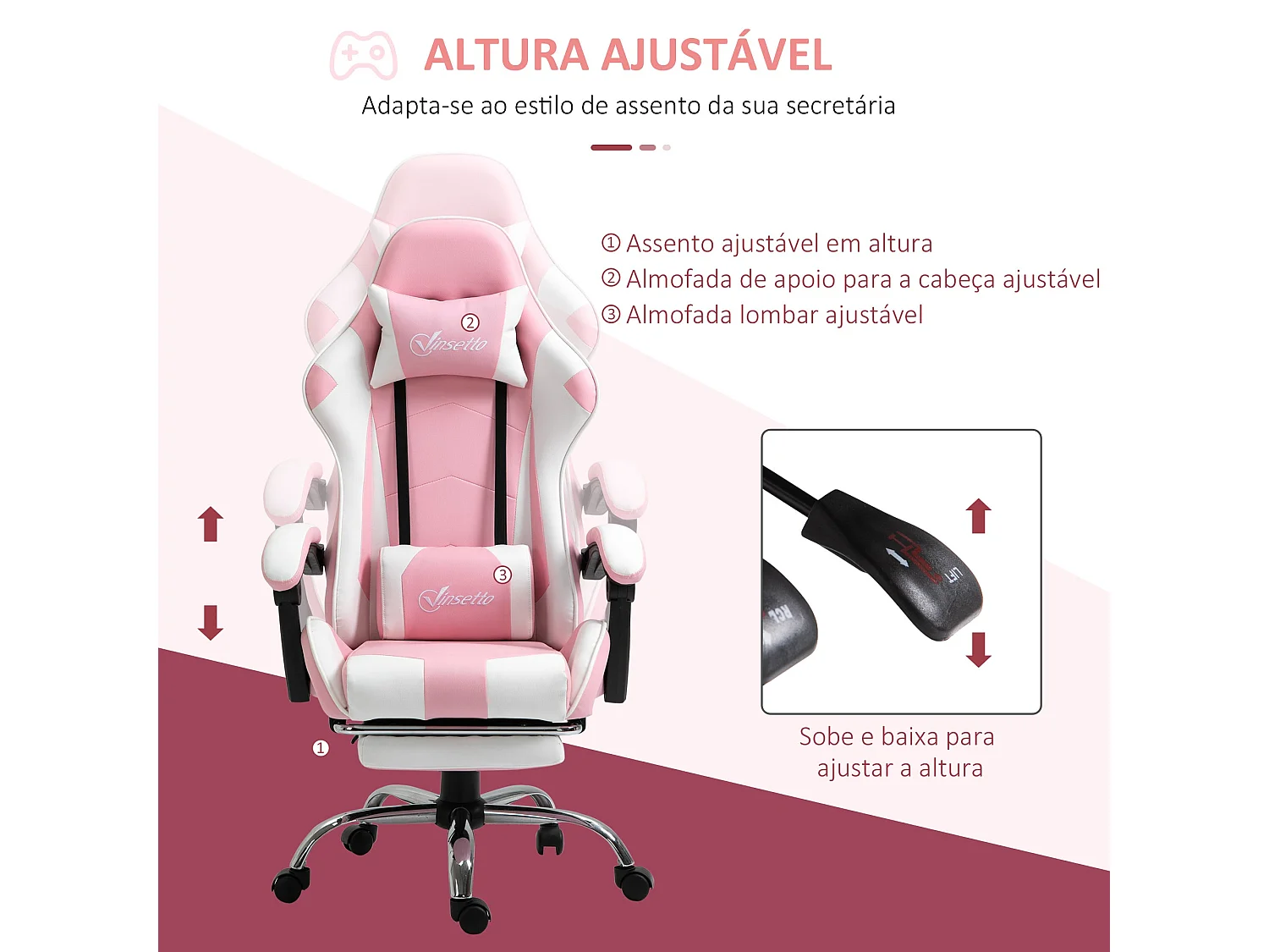 Cadeira de Gaming Reclinável Vinsetto com Apoio para Cabeça e Pés em Rosa