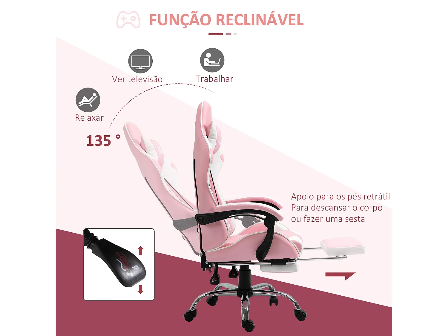 Cadeira de Gaming Reclinável Vinsetto com Apoio para Cabeça e Pés em Rosa