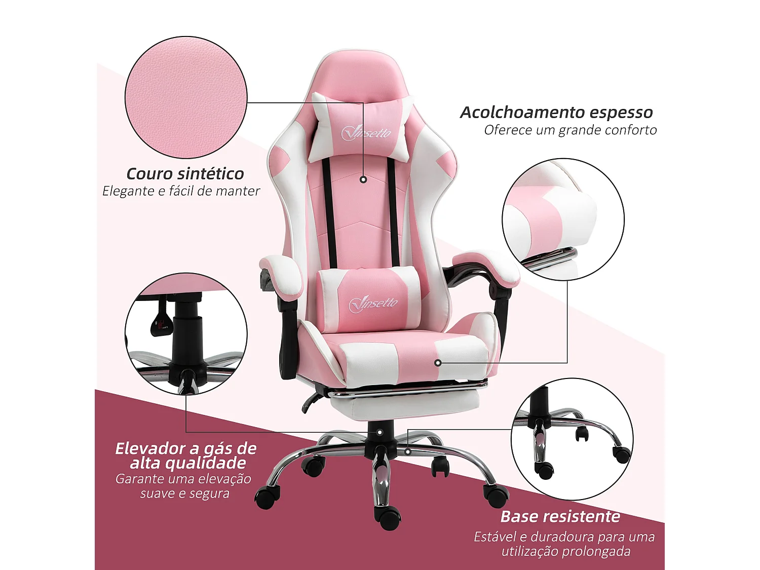 Cadeira de Gaming Reclinável Vinsetto com Apoio para Cabeça e Pés em Rosa