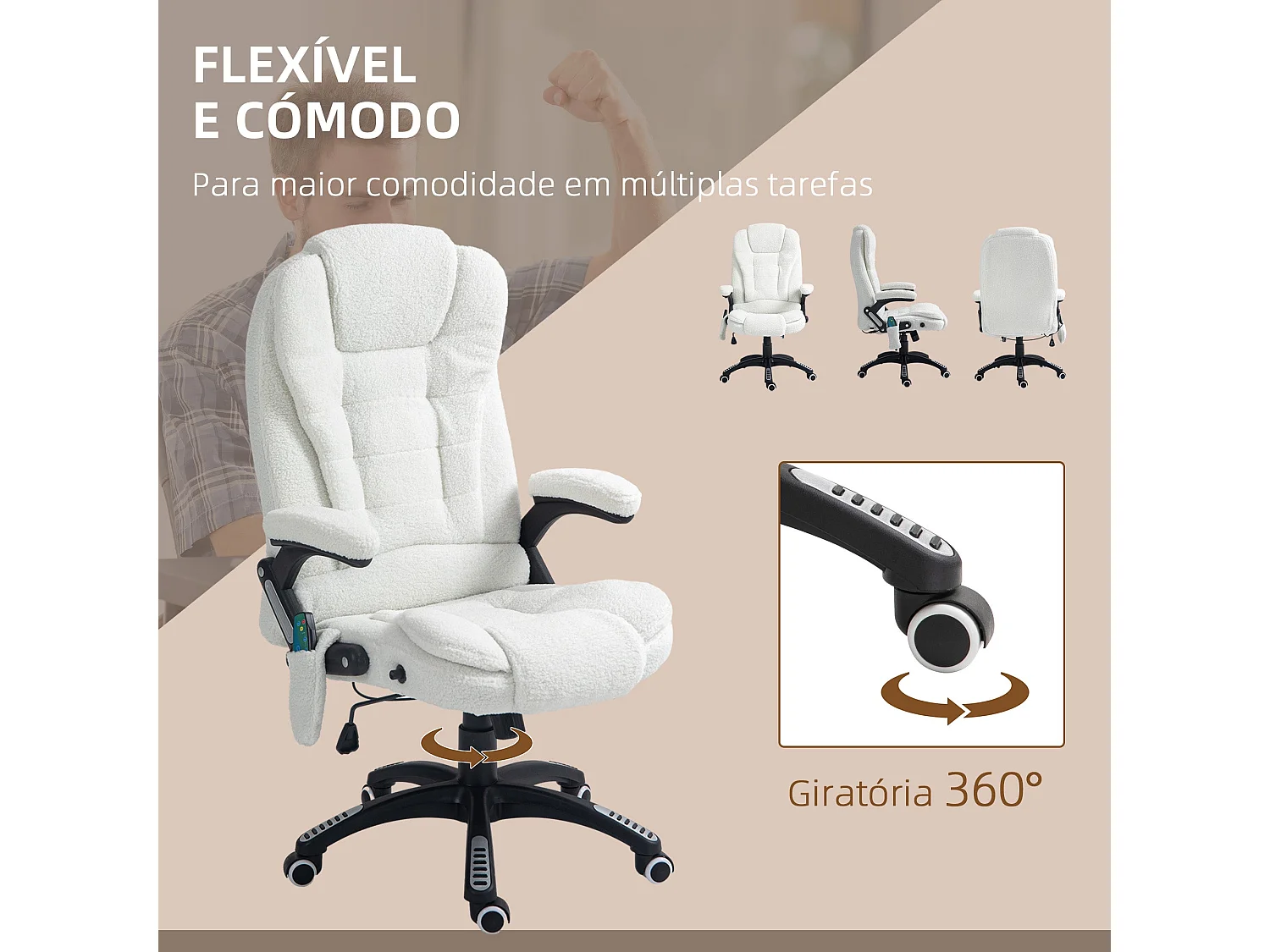 Silla de oficina Kleta Vinsetto con masaje + calefacción blanco 107-116x67x74 cm