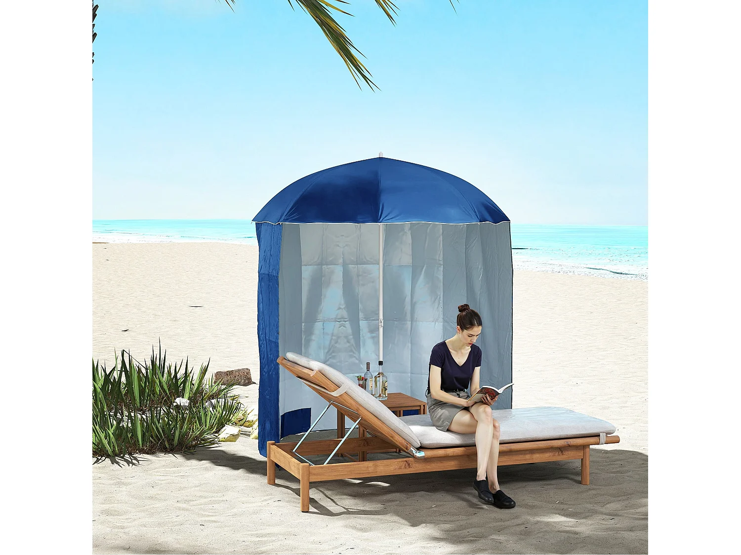 Sombrilla York Outsunny panel lateral + bolsas de arena + estacas azul Ø220 cm