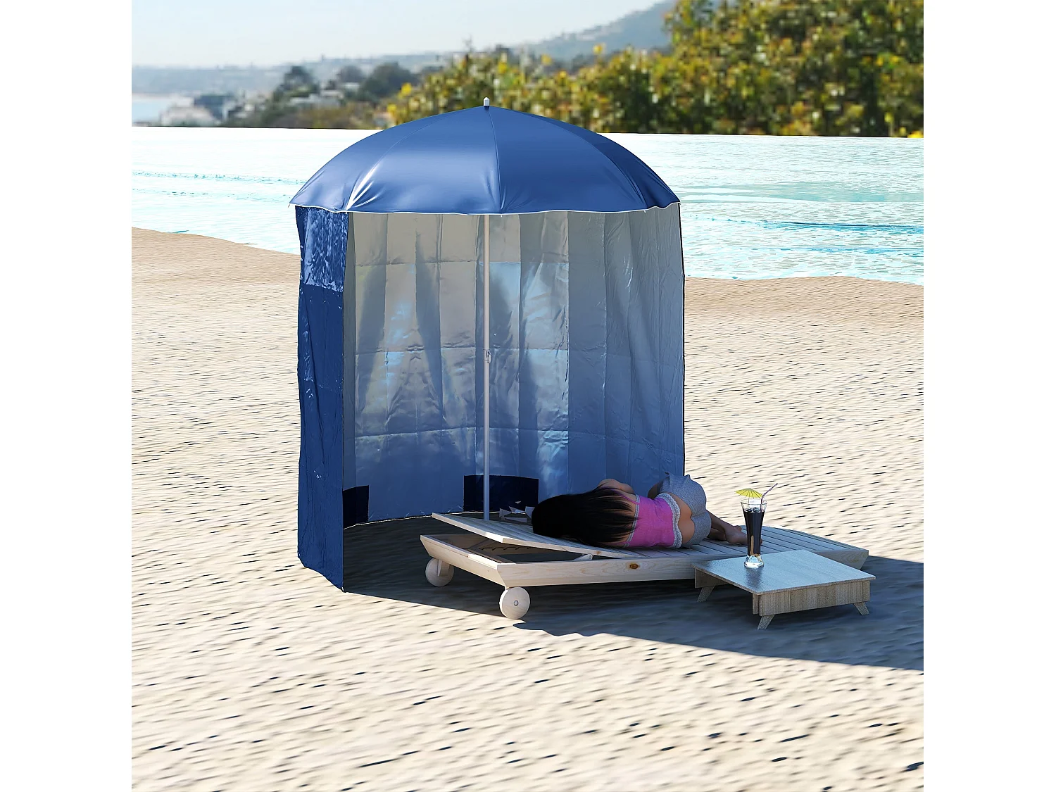 Sombrilla York Outsunny panel lateral + bolsas de arena + estacas azul Ø220 cm