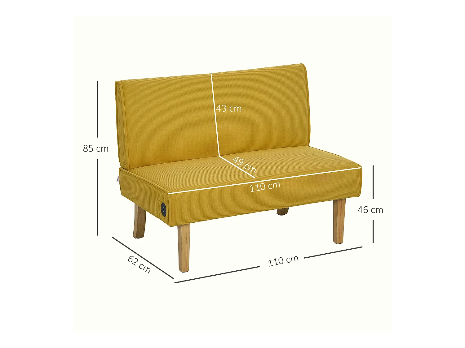 Sofá Iris Homcom 2 plazas + 2 puertos USB amarillo 85x110x60 cm