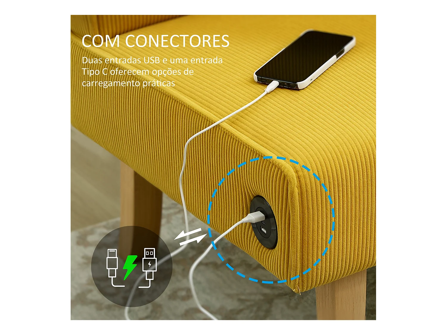 Sofá Iris Homcom 2 plazas + 2 puertos USB amarillo 85x110x60 cm