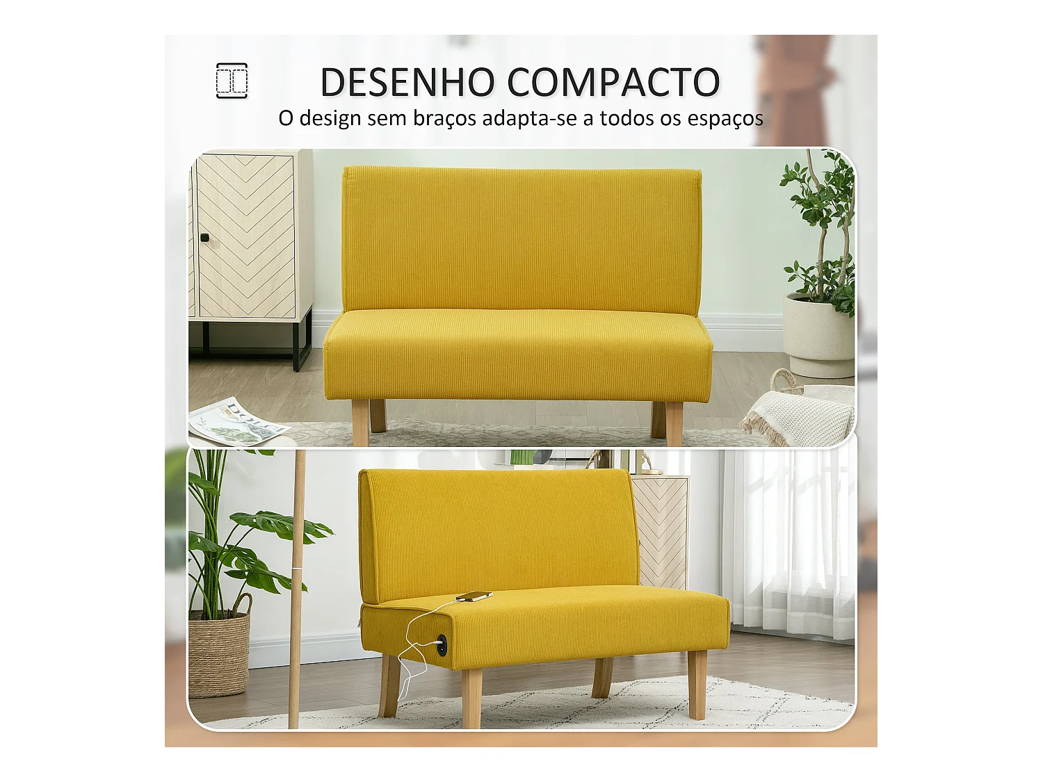 Sofá Iris Homcom 2 plazas + 2 puertos USB amarillo 85x110x60 cm