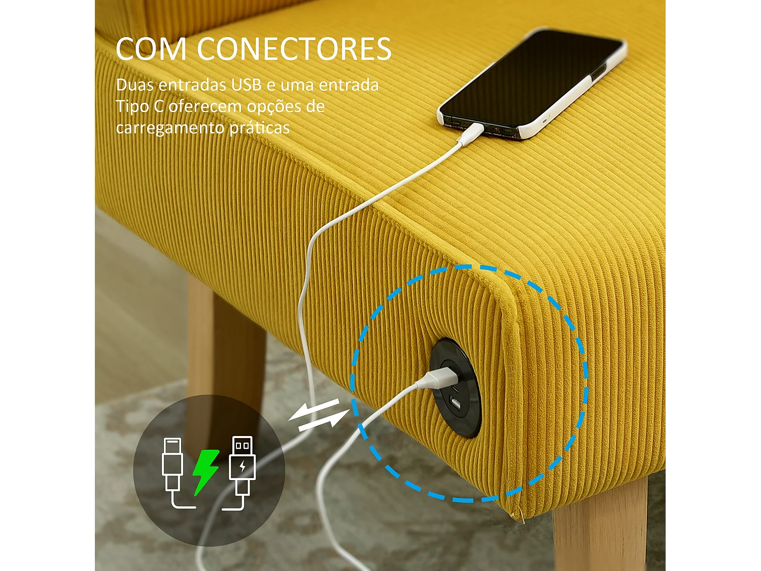 Sofá de 2 Lugares Elegante em Veludo com Entradas USB e Pés de Madeira - Modelo Toulon