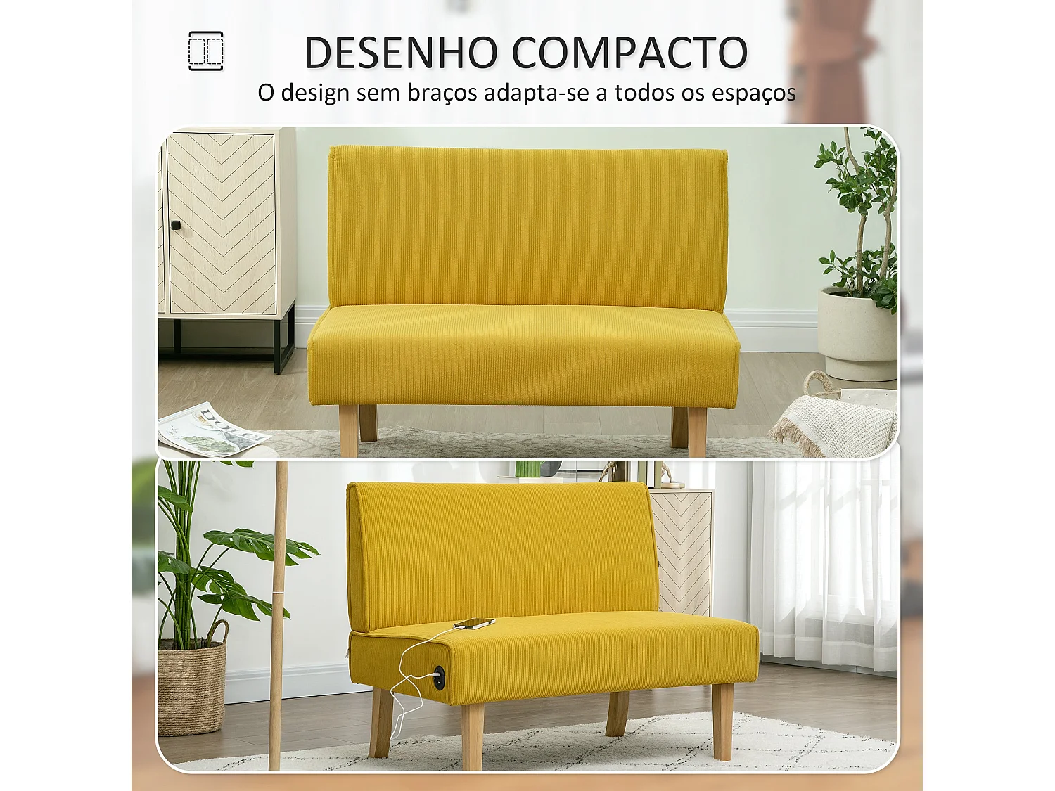 Sofá de 2 Lugares Elegante em Veludo com Entradas USB e Pés de Madeira - Modelo Toulon