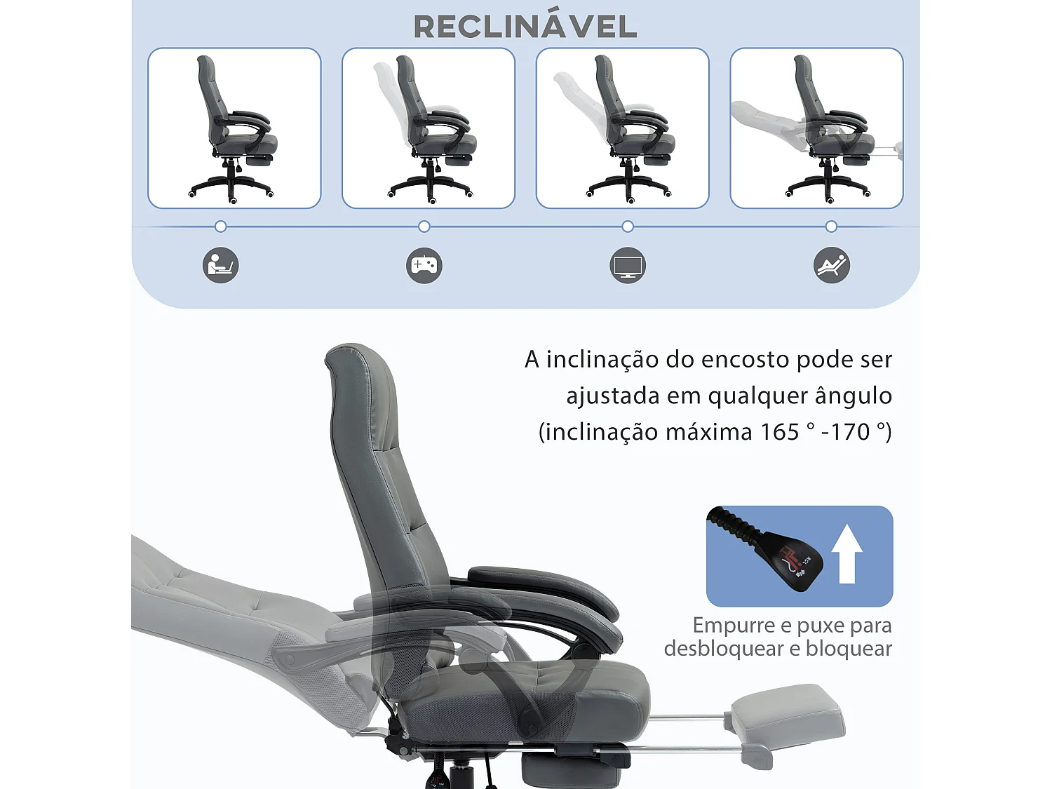 Cadeira de Escritório Vinsetto Ergonómica Giratória com Apoio para os Pés e Altura Ajustável em Cinza Escuro