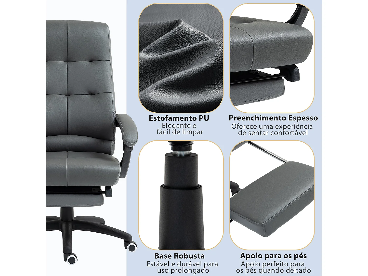 Cadeira de Escritório Vinsetto Ergonómica Giratória com Apoio para os Pés e Altura Ajustável em Cinza Escuro