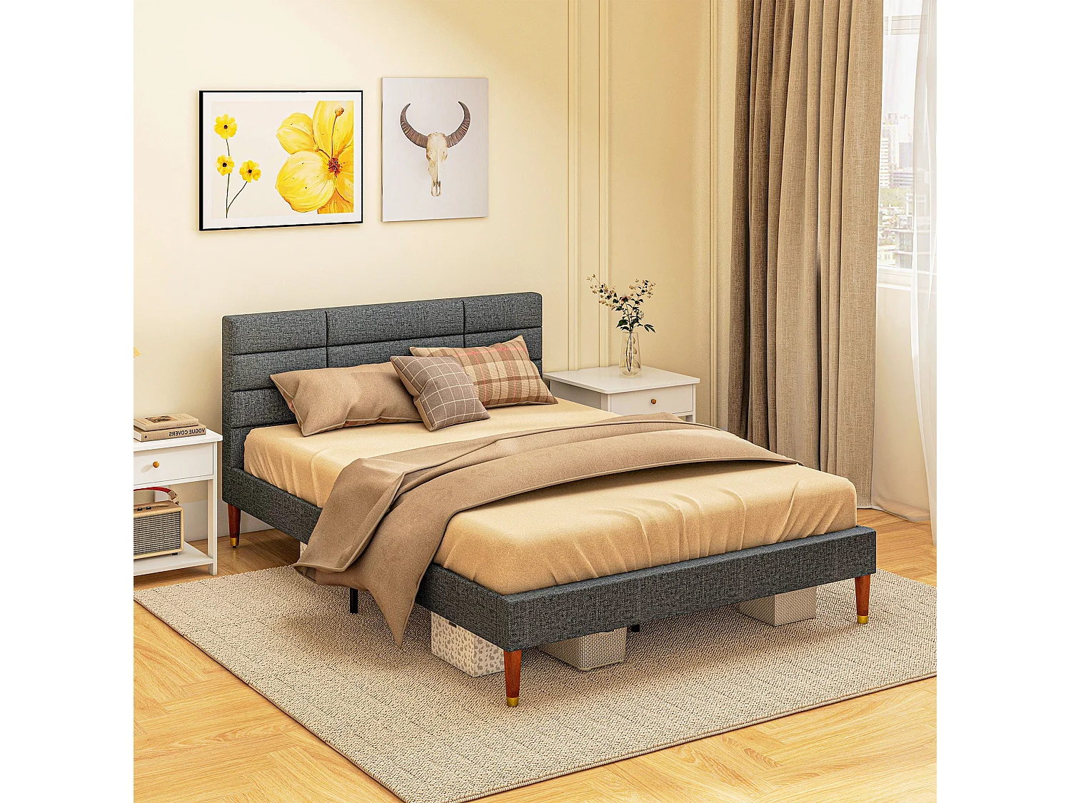 Cama de Casal Elegance com Cabeceira Capitonê - Cinza e Linho - 140x200 cm - Design Moderno e Funcional
