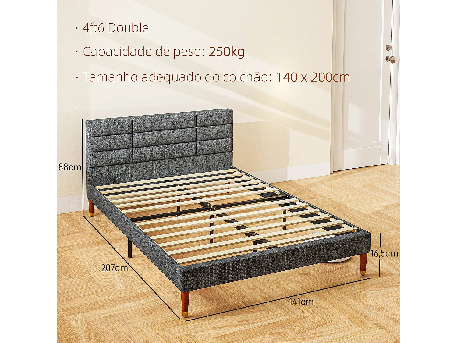 Cama de Casal Elegance com Cabeceira Capitonê - Cinza e Linho - 140x200 cm - Design Moderno e Funcional
