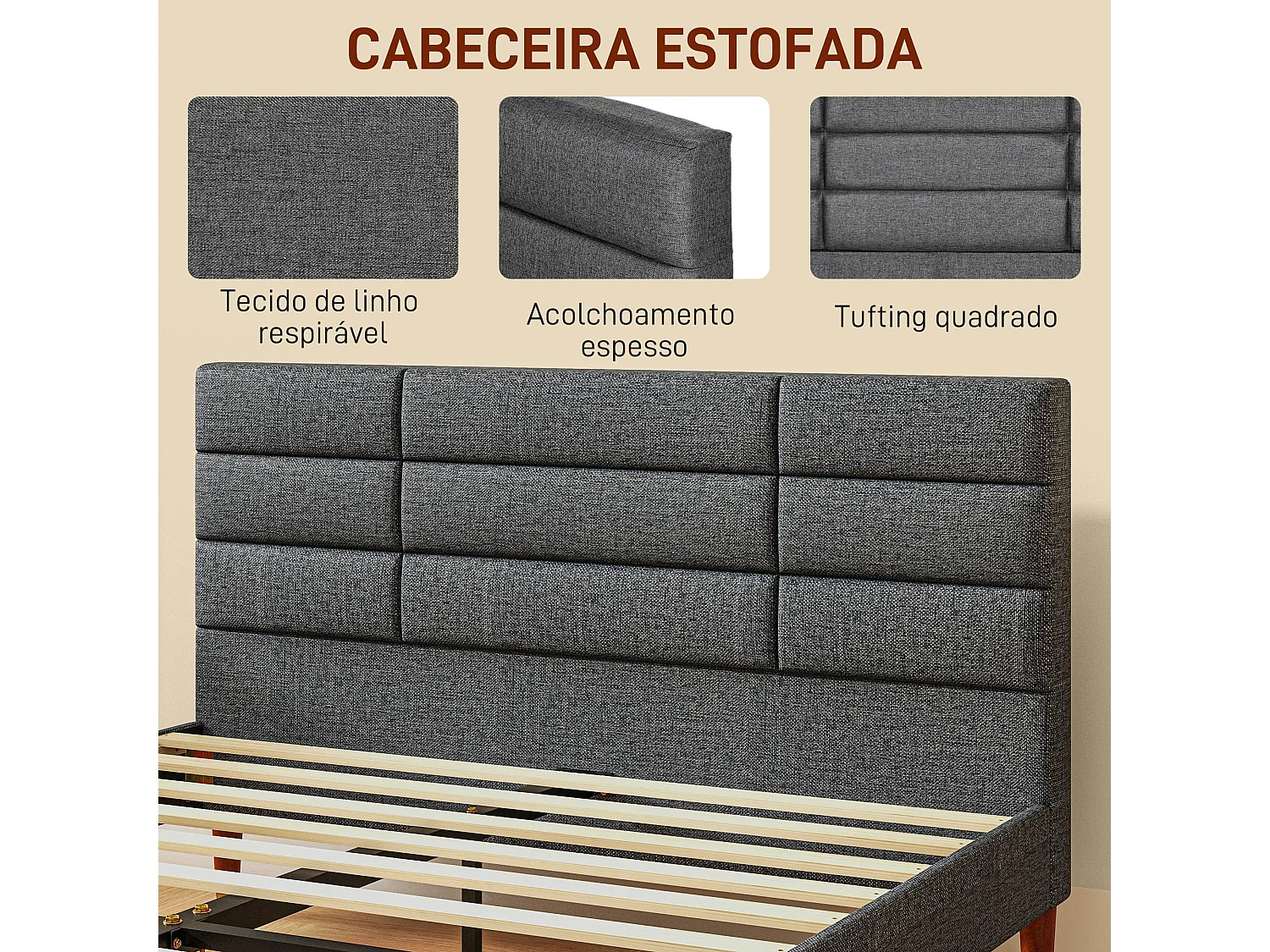 Cama de Casal Elegance com Cabeceira Capitonê - Cinza e Linho - 140x200 cm - Design Moderno e Funcional