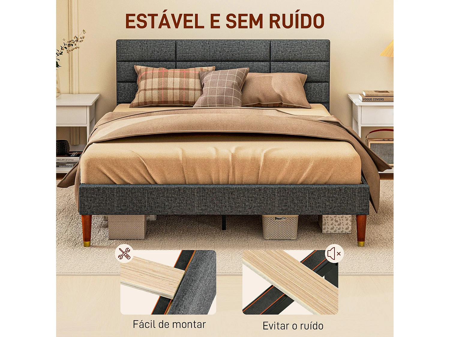 Cama de Casal Elegance com Cabeceira Capitonê - Cinza e Linho - 140x200 cm - Design Moderno e Funcional