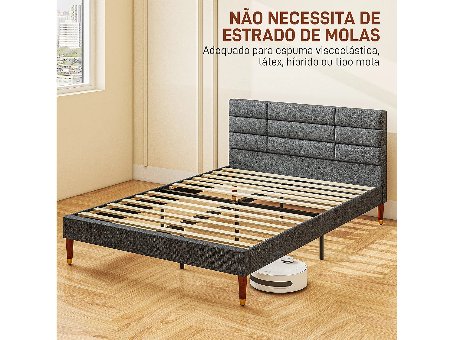 Cama de Casal Elegance com Cabeceira Capitonê - Cinza e Linho - 140x200 cm - Design Moderno e Funcional